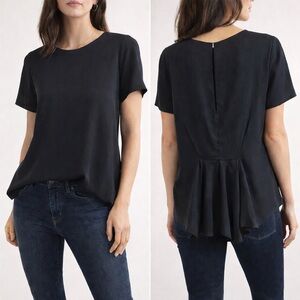 Zara Peplum-Back Silky Blouse Black Sz Large Hi/Low Casual Chic Pleated Back
